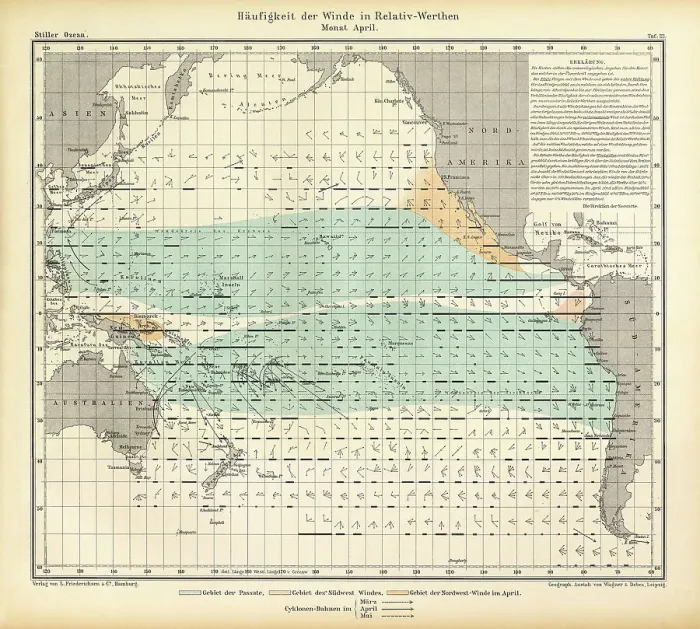 Framed Print : Chart of Weather Patterns in the Pacific Ocean in April, German Antique Victorian Engraving, 1896 Framed Print : Chart of Weather Patterns in the Pacific Ocean in April, German Antique Victorian Engraving, 1896