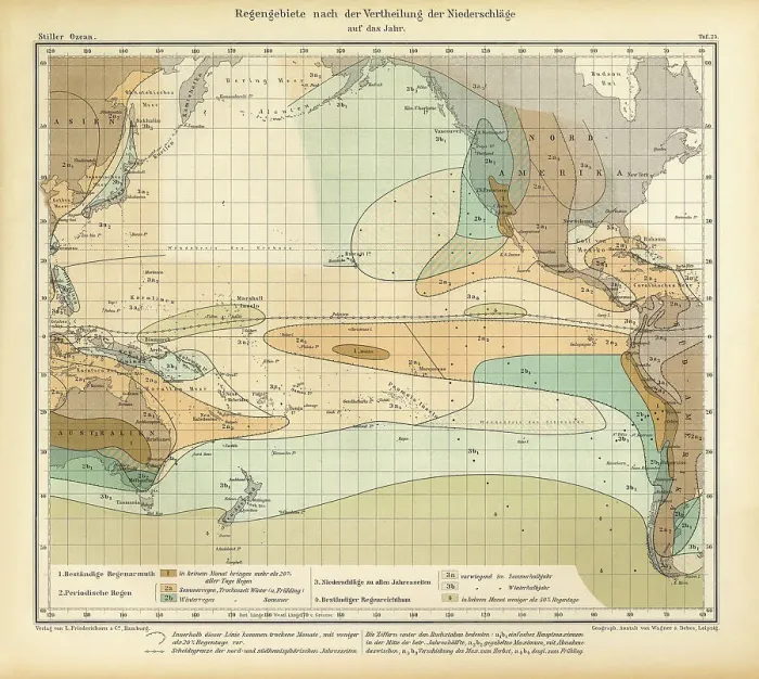 Framed Print : Chart of Weather Patterns in the Pacific Ocean in January, German Antique Victorian Engraving, 1896