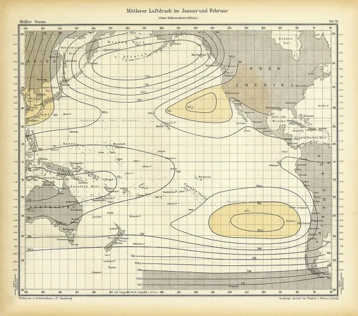 Framed Print : Chart of Weather Patterns in the Pacific Ocean in January and February, German Antique Victorian Engraving, 1896 Framed Print : Chart of Weather Patterns in the Pacific Ocean in January and February, German Antique Victorian Engraving, 1896