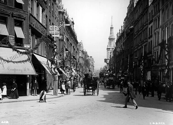 Cheapside. June 1902: Londons Cheapside with decorations for the coronation of Edward VII