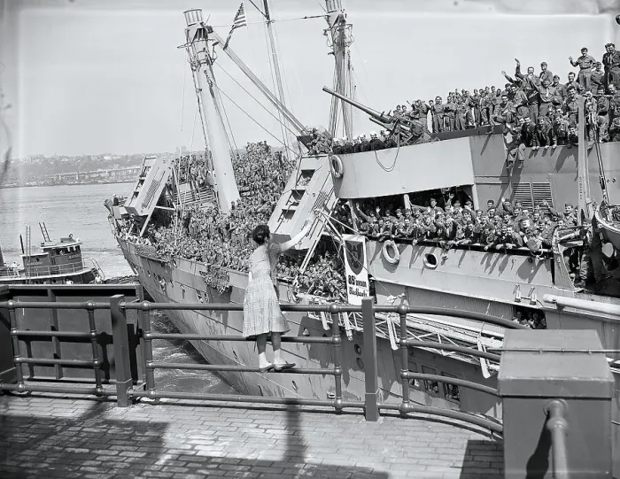 Framed Print : Cheering Soldiers on Ship Deck in New York Framed Print : Cheering Soldiers on Ship Deck in New York