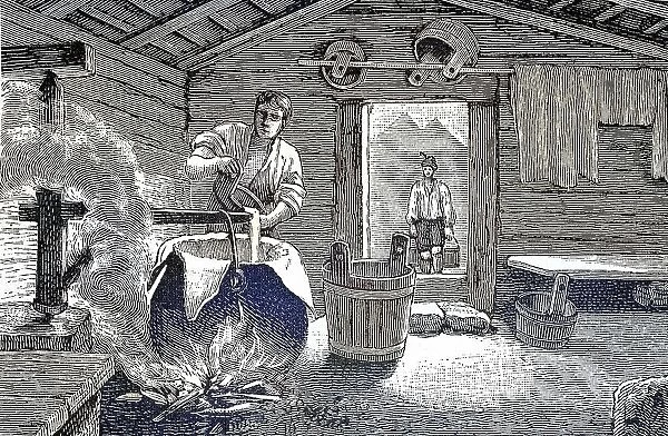 Cheese making in an alpine hut in Allgaeu, Bavaria, Germany, Historical, digitally restored reproduction from a 19th century original