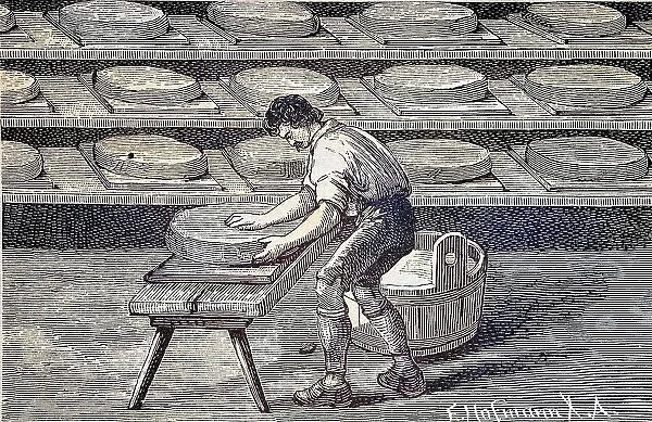 Cheese making, The drying and salting of the cheese loaves, Allgaeu, Bavaria, Germany, Historic, digitally restored reproduction from a 19th century original