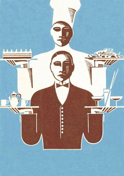 Chef and Waiter Holding Trays