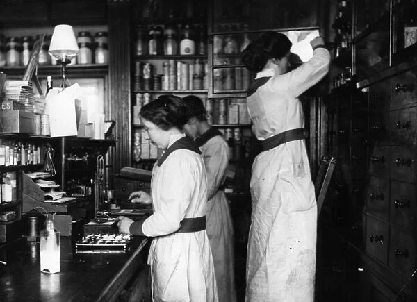 Chemists. circa 1900: Pharmacists at work. (Photo by Hulton Archive / Getty Images)
