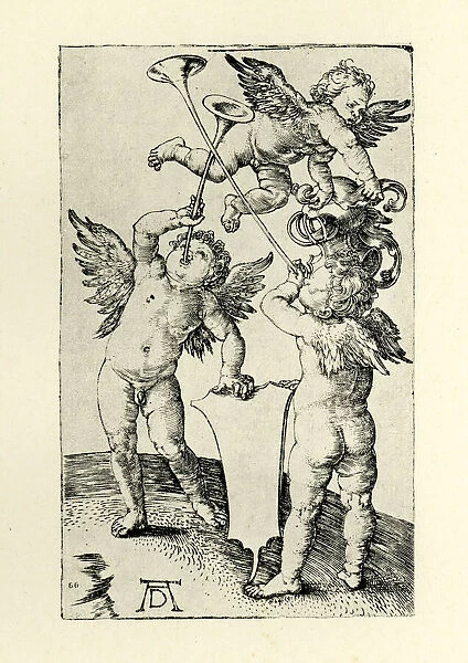 Cherubs. Vintage engraving by Albrech Durer, showing three cherubs, c.1501