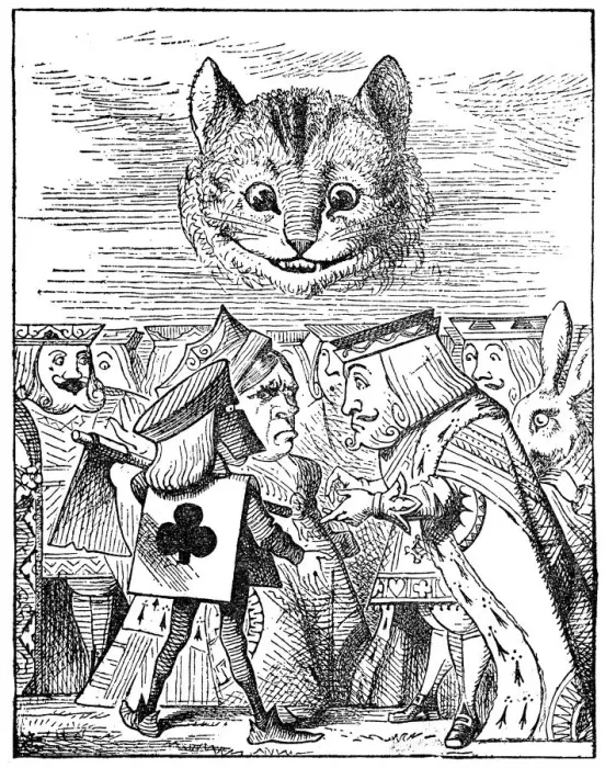 Framed Print : Cheshire cat smiling over King and queen - Alice in Wonderland 1897