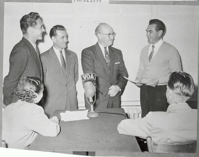 Framed Print : Chet Hollifield and Refugees Near Broadcasting Microphone Framed Print : Chet Hollifield and Refugees Near Broadcasting Microphone