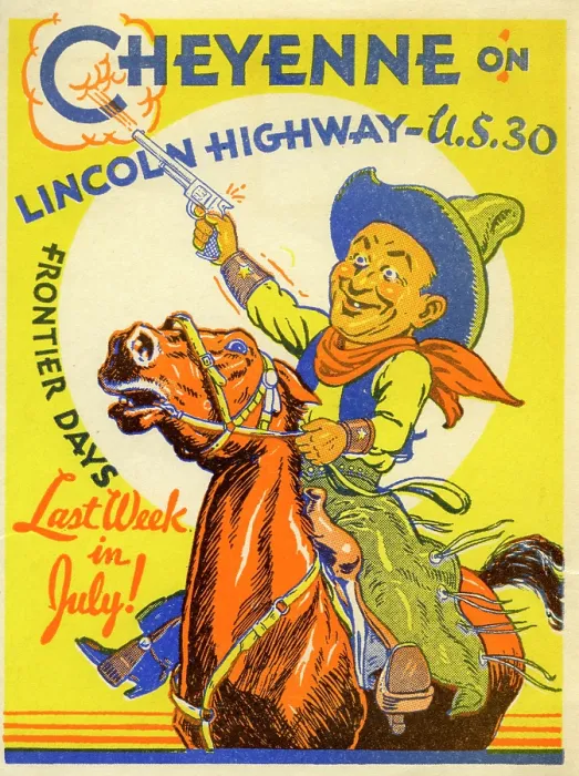 Framed Print : Cheyenne. USA - 1938: A decal for Cheyenne reads 'Cheyenne on Lincoln Highway - U.S Framed Print : Cheyenne. USA - 1938: A decal for Cheyenne reads 'Cheyenne on Lincoln Highway - U.S