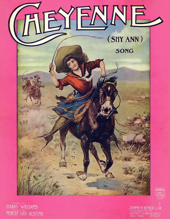 Framed Print : Cheyenne. Sheet music cover art of a cowgirl racing across the prairie