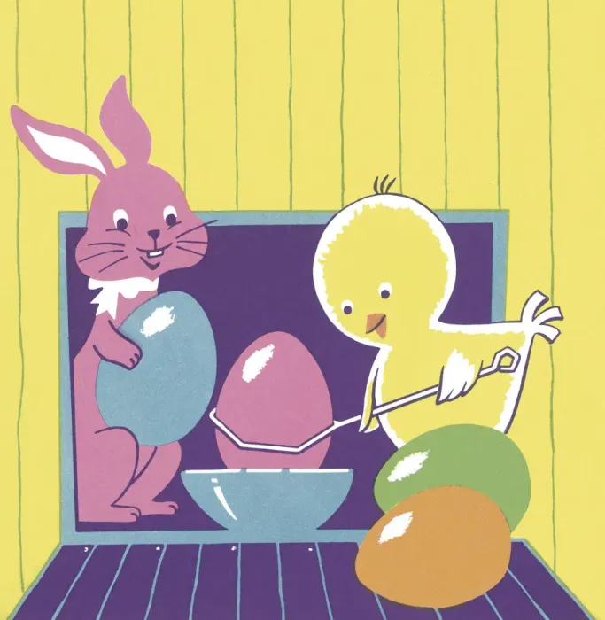 Framed Print : Chick and Bunny With Easter Eggs