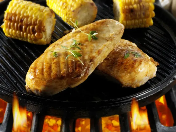 Framed Print : Chicken breast and corn on a barbecue Framed Print : Chicken breast and corn on a barbecue