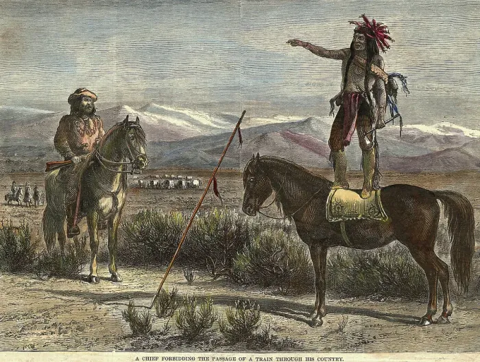 Framed Print : A Chief Forbidding the Passage of a Train Through His Country Hand-Colored Print Framed Print : A Chief Forbidding the Passage of a Train Through His Country Hand-Colored Print