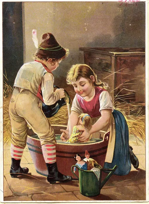 Framed Print : Children Bathing a Doll Framed Print : Children Bathing a Doll