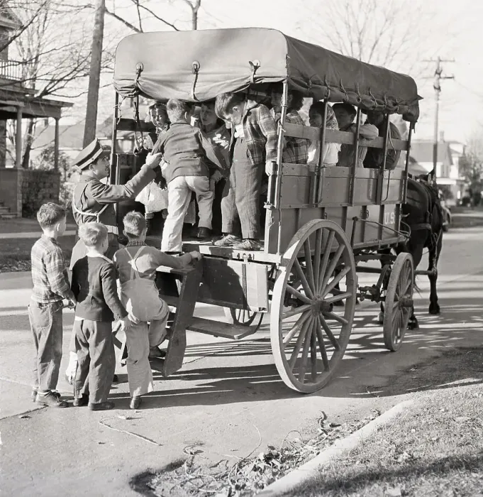 Framed Print : Children Board Horse-Driven Bus Framed Print : Children Board Horse-Driven Bus