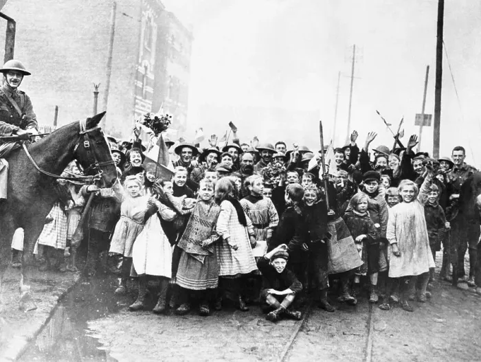 Framed Print : Children Cheer the 57th Division Framed Print : Children Cheer the 57th Division