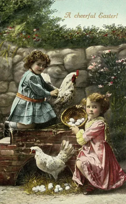 Framed Print : Children Collecting Eggs From Hens Framed Print : Children Collecting Eggs From Hens