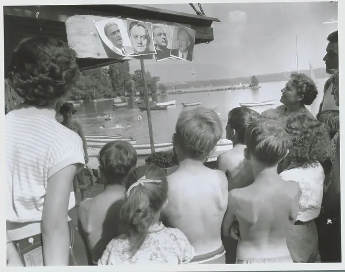 Framed Print : Children Gazing at Portraits of Big Four of Geneva Summit