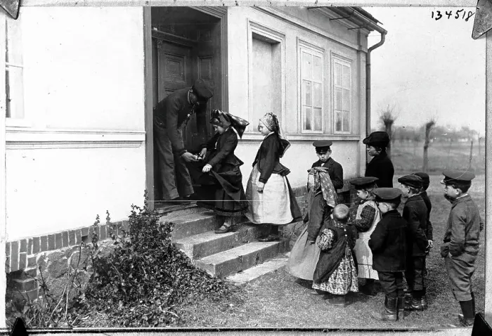 Framed Print : Children in Line at House for Easter Eggs Framed Print : Children in Line at House for Easter Eggs