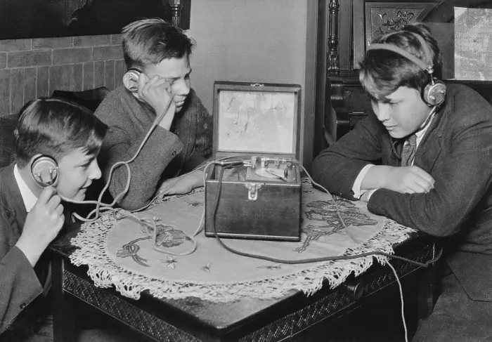 Framed Print : Children Listening to Radio Framed Print : Children Listening to Radio