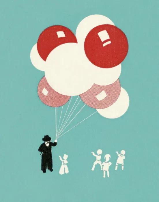 Framed Print : Children and Man with Balloons Framed Print : Children and Man with Balloons