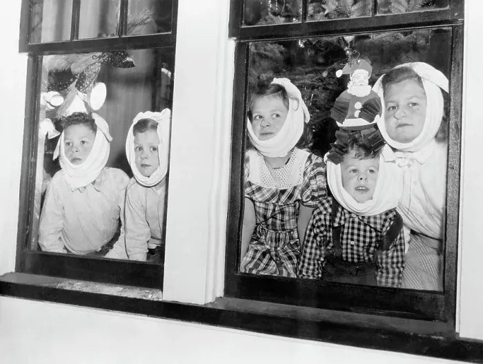 Framed Print : Children with Mumps Looking Out Window Framed Print : Children with Mumps Looking Out Window