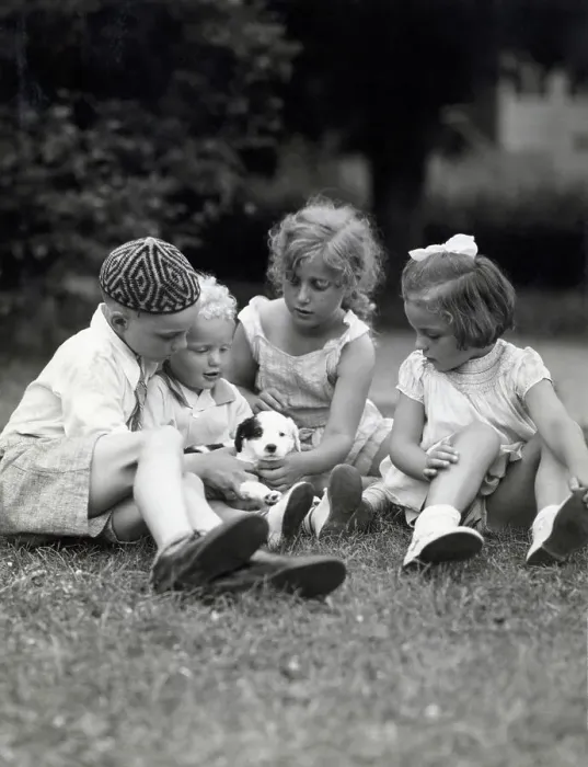 Framed Print : Children Playing with Puppy Framed Print : Children Playing with Puppy