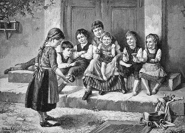 Children Playing on a Staircase, 1888, Germany, Historic, digital reproduction of an original 19th-century painting