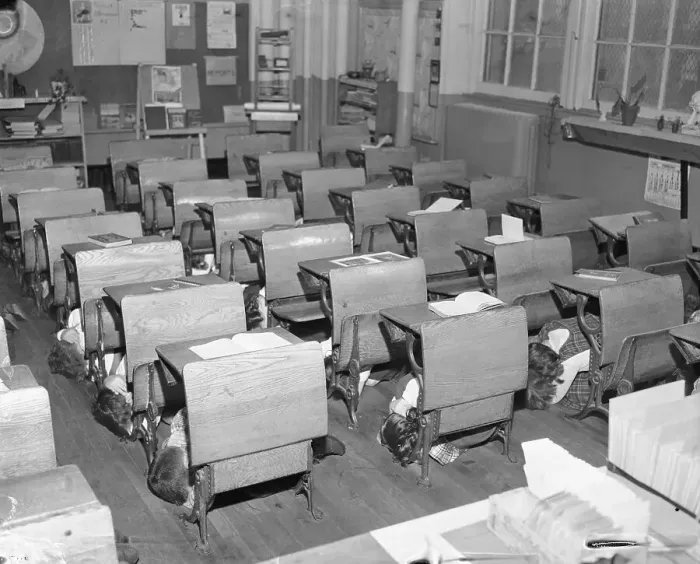 Framed Print : Children Practicing a Bomb Drill Framed Print : Children Practicing a Bomb Drill