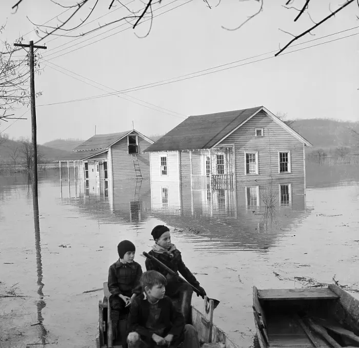 Framed Print : Children Rowing In Flood Water Framed Print : Children Rowing In Flood Water