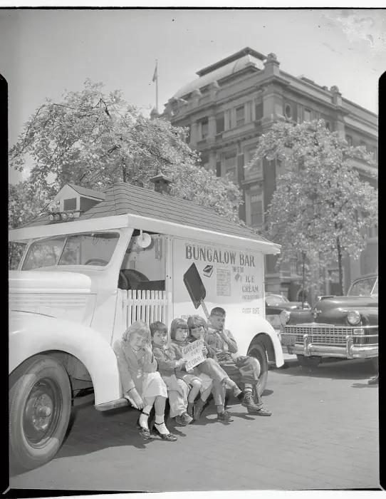 Framed Print : Children with Sign Sitting on Ice Cream Truck Framed Print : Children with Sign Sitting on Ice Cream Truck