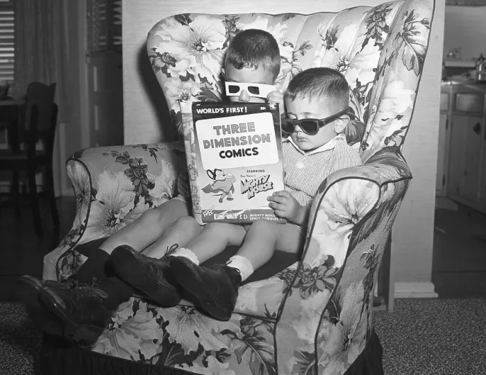 Framed Print : Children Sitting In Chair With 3D Comic Framed Print : Children Sitting In Chair With 3D Comic