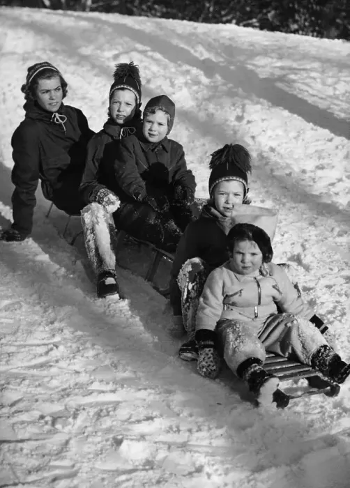 Framed Print : Children Sitting on Sleds Framed Print : Children Sitting on Sleds