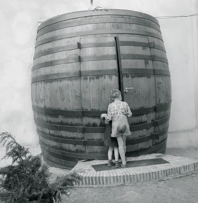 Framed Print : Children Standing in Front Huge Barrel Shaped Building Framed Print : Children Standing in Front Huge Barrel Shaped Building