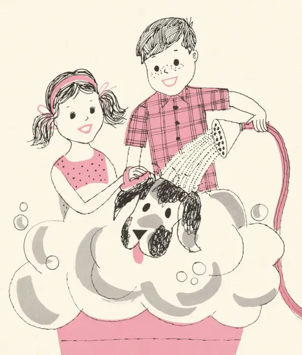 Framed Print : Two Children Washing a Dog Framed Print : Two Children Washing a Dog