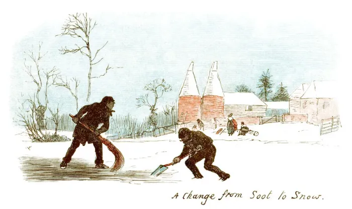 Framed Print : Two chimney sweeps clearing snow in Kent Framed Print : Two chimney sweeps clearing snow in Kent