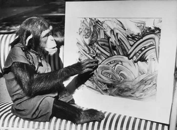 Framed Print : Chimp Named Mandy Looking at a Finger Painting By Another Chimp Named Betsy Framed Print : Chimp Named Mandy Looking at a Finger Painting By Another Chimp Named Betsy
