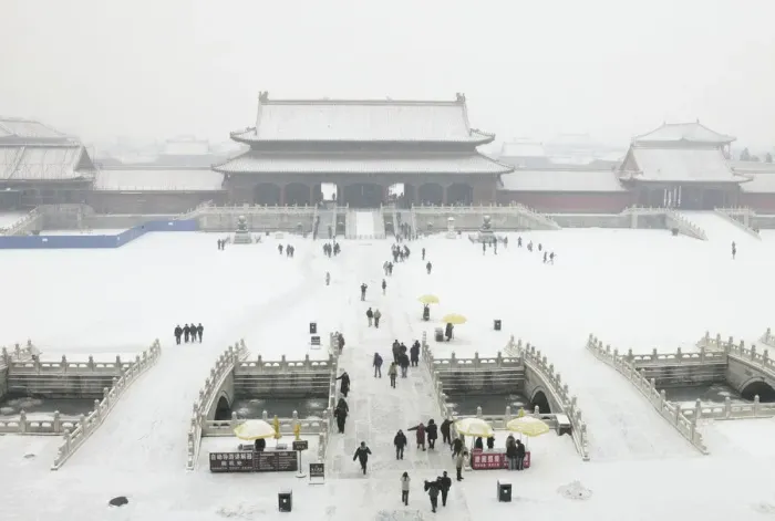 Framed Print : China, Beijing, Forbidden City, winter snow covering courtyard and buildings Framed Print : China, Beijing, Forbidden City, winter snow covering courtyard and buildings