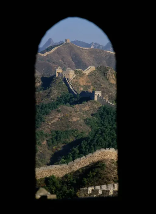 Framed Print : China, Jinshanling section of Great Wall, view from watch tower window Framed Print : China, Jinshanling section of Great Wall, view from watch tower window