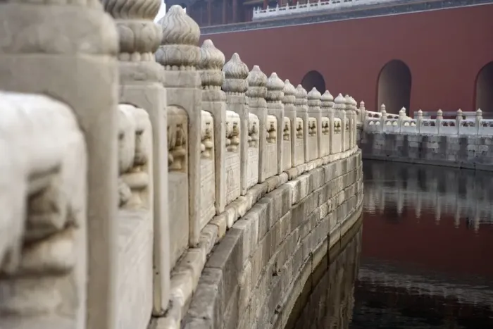 Framed Print : Chinese architectural elements, a dramatic view of a moat and distant doorways Framed Print : Chinese architectural elements, a dramatic view of a moat and distant doorways