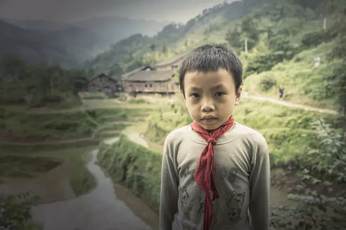 Framed Print : Chinese boy standing in rice paddy fields