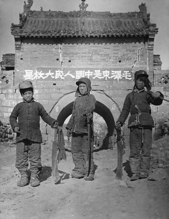 Framed Print : Chinese Boys Guard Gate With Machetes Framed Print : Chinese Boys Guard Gate With Machetes