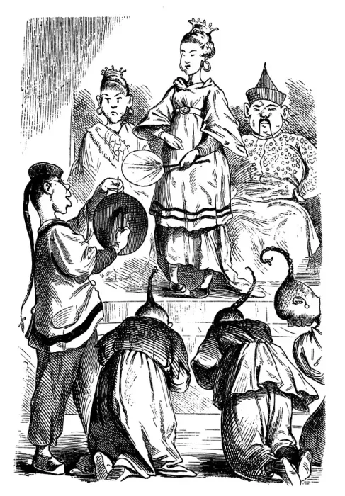 Framed Print : Chinese Empress surrounded by their servants takes part in the ceremony. Men dressed in traditional Chinese costumes give a deep greeting in the direction of the Empress - Illustration 1867