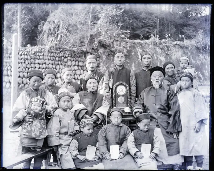 Framed Print : Chinese Father Stadning With Children Framed Print : Chinese Father Stadning With Children