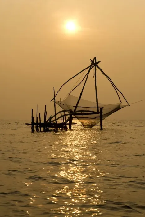 Framed Print : Chinese fishing net at sunrise, Vembanad lake, Kerala, India Framed Print : Chinese fishing net at sunrise, Vembanad lake, Kerala, India