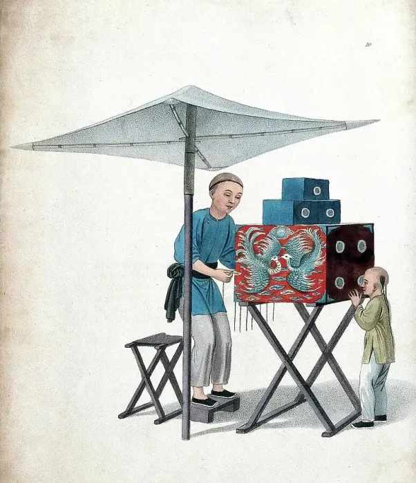 Framed Print : A Chinese Magic Lantern Show, c. 1810, China, Historic, digitally restored reproduction from a 19th century original Framed Print : A Chinese Magic Lantern Show, c. 1810, China, Historic, digitally restored reproduction from a 19th century original