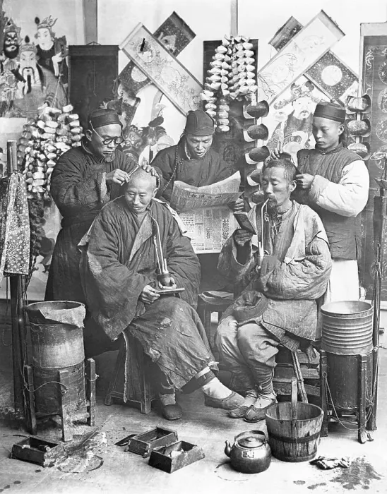 Framed Print : Chinese Men Getting Hair Cut Framed Print : Chinese Men Getting Hair Cut