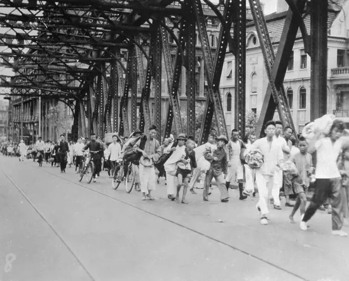 Framed Print : Chinese Residents Escaping Shanghai Crossing Bridge Framed Print : Chinese Residents Escaping Shanghai Crossing Bridge