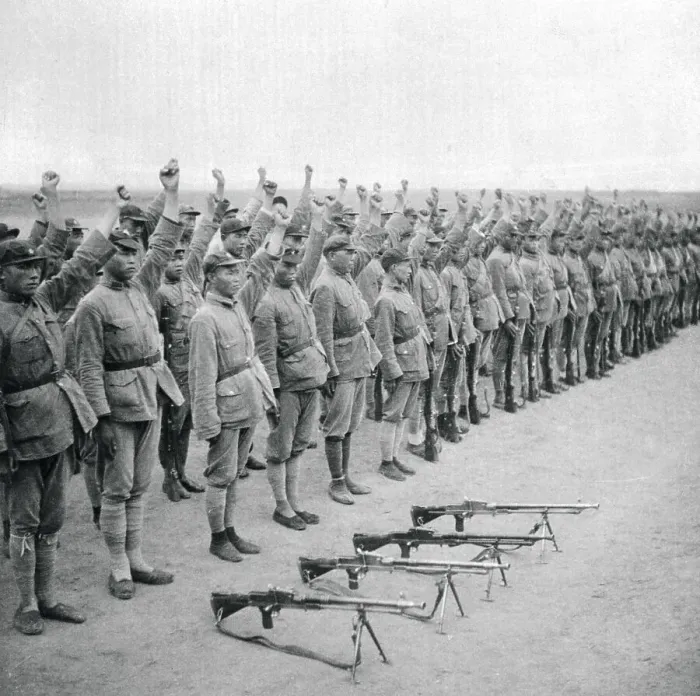 Framed Print : Chinese Soldiers with Arms Raised Framed Print : Chinese Soldiers with Arms Raised