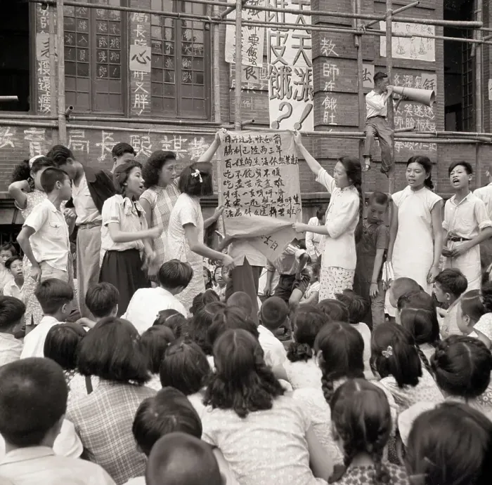 Framed Print : Chinese Teachers on Strike with Banner
